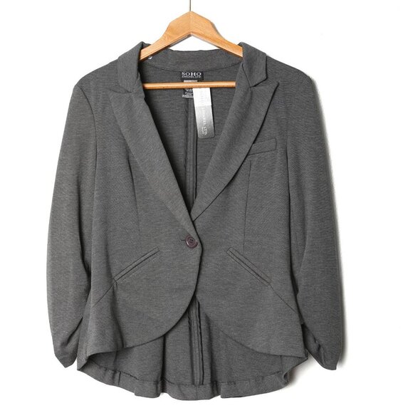 Soho Apparel Stretch Hi-Lo Blazer Jacket. Ruched Sleeves Office Workwear Grey - Picture 2 of 7